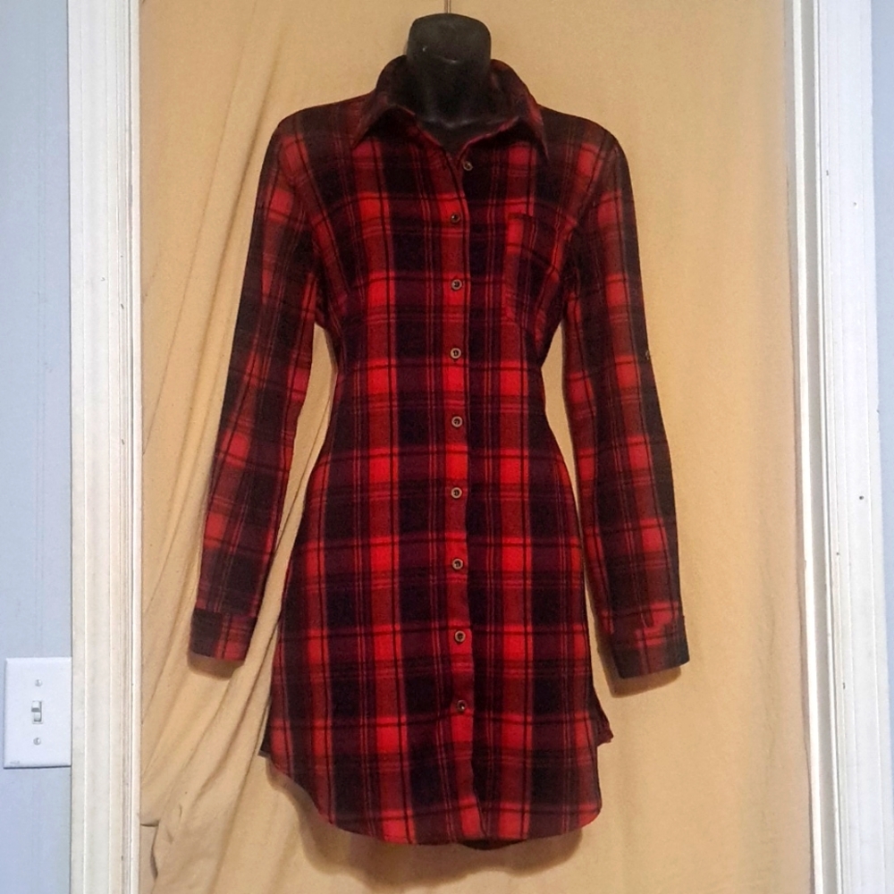 Red & Black Flannel long sleeve, button up, collared dress, Ties in back